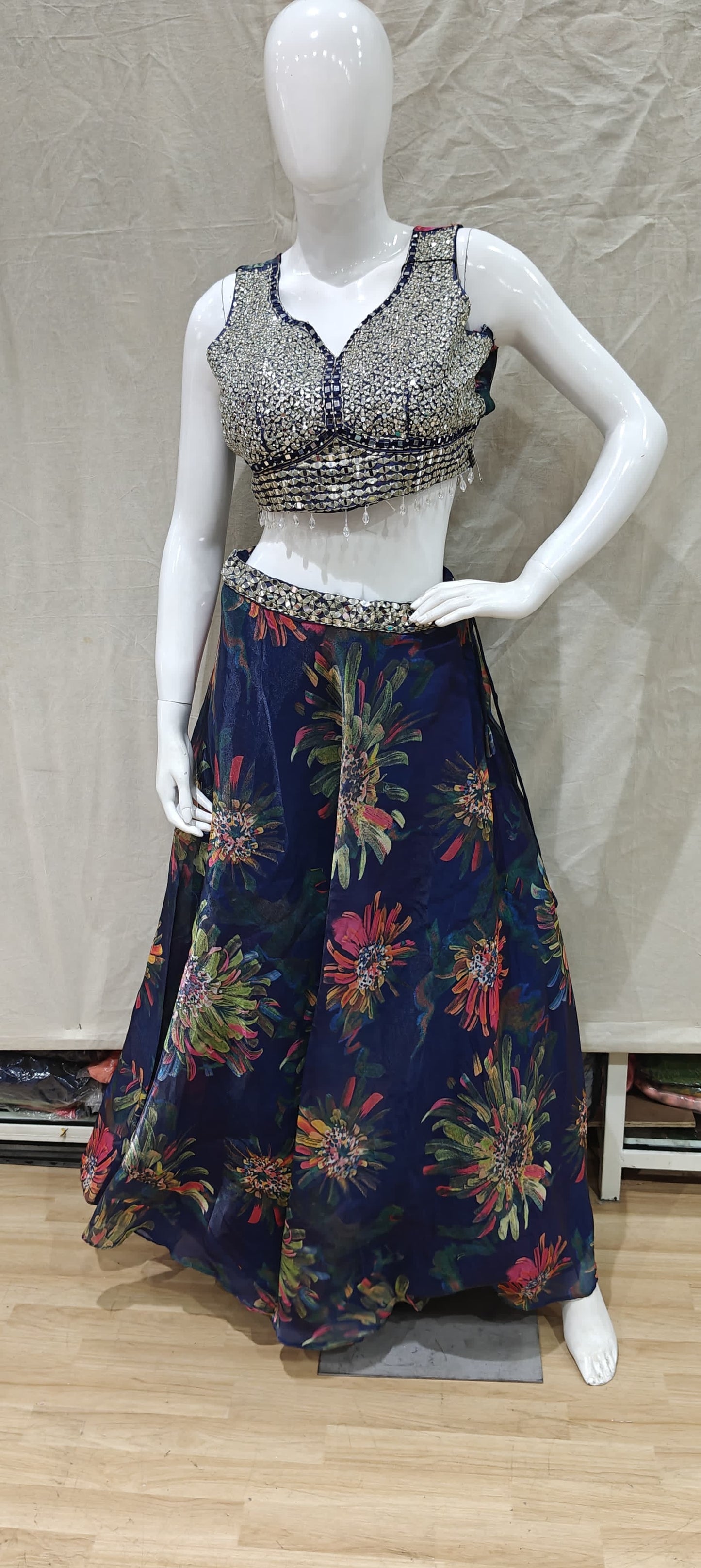 Floral blue lehenga, mirror work blouse