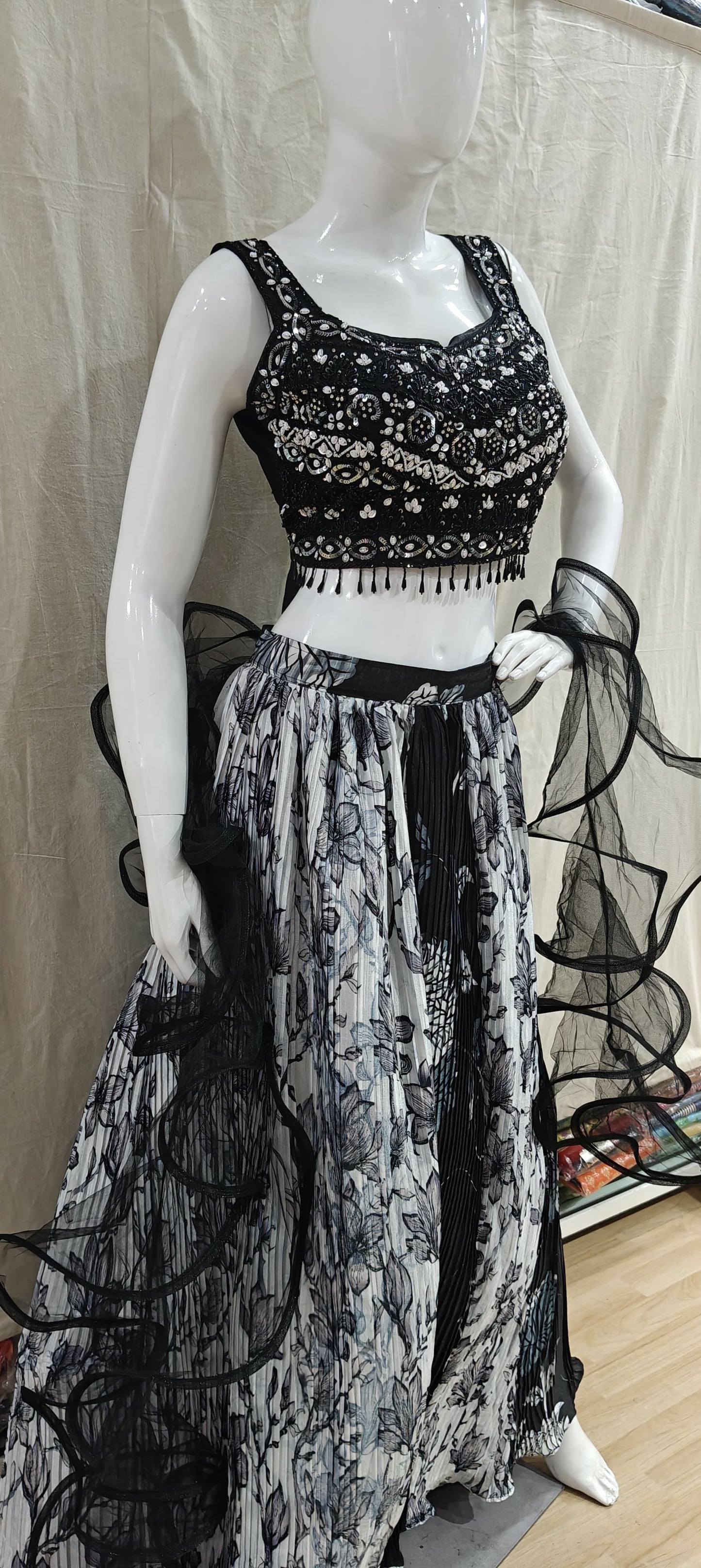 Black and white lehenga with ruffled dupatta