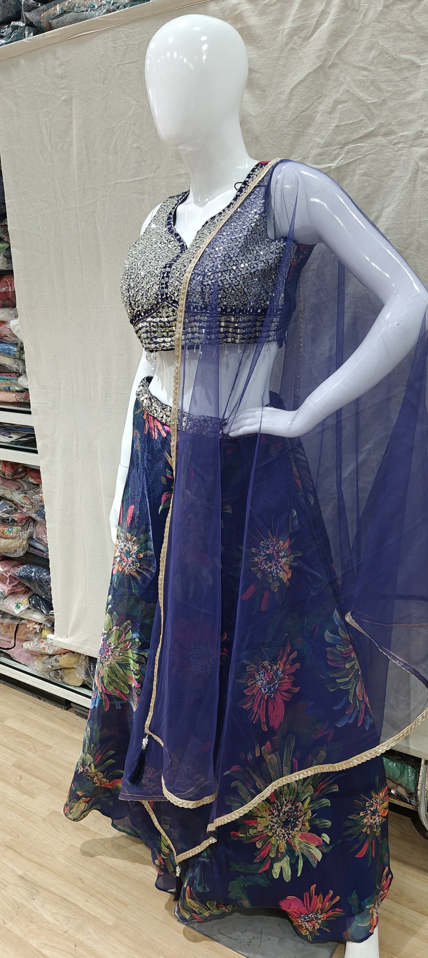 Floral blue lehenga, mirror work blouse