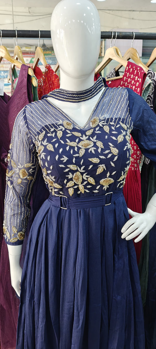 Blue zari embroidered bodice with choker dupatta