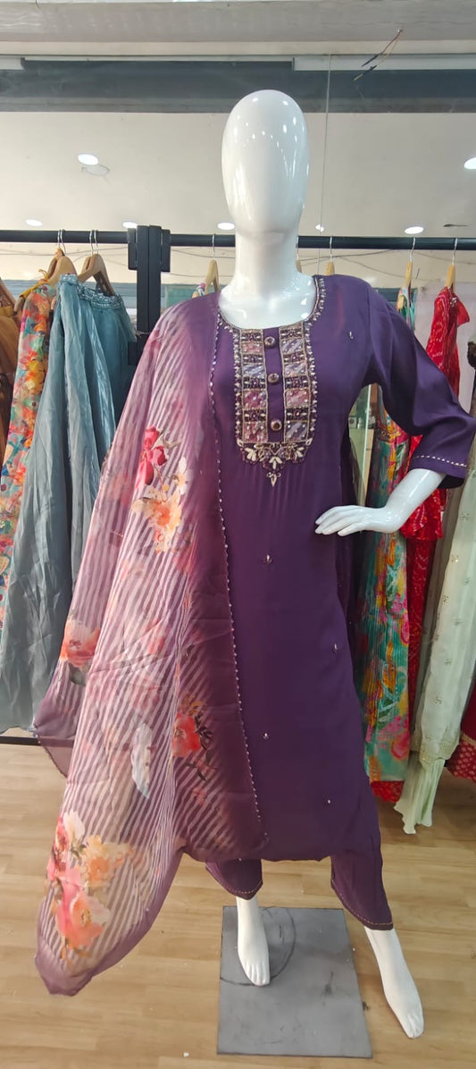 Violet suit with beautiful floral dupatta