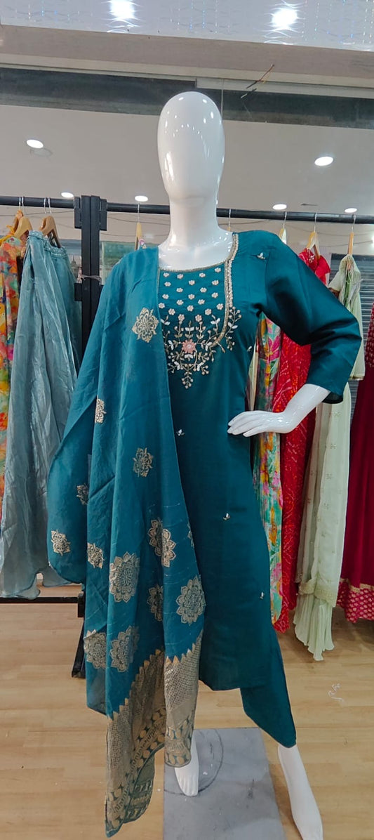 Blue green suit with Banarasi dupatta