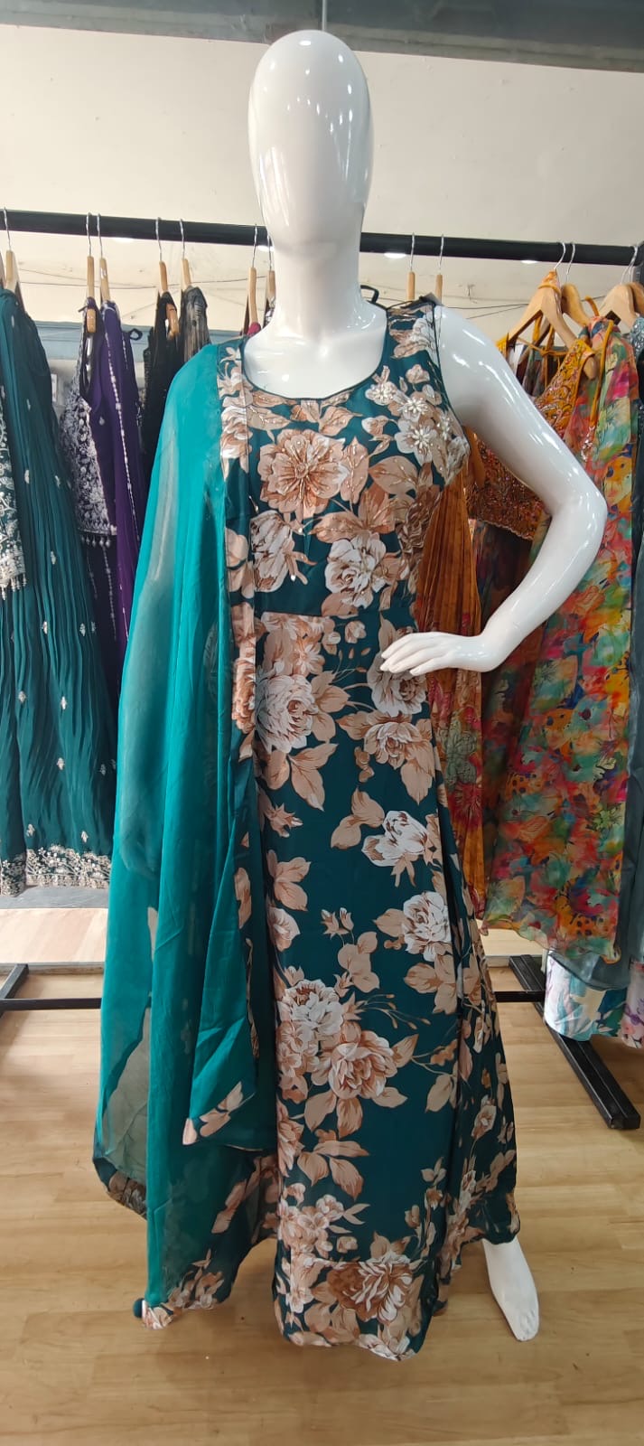 Floral turquoise color gown