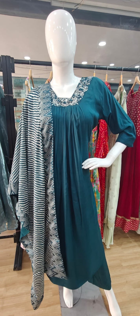 Teal blue mul cotton anarkali suit with satin dupatta