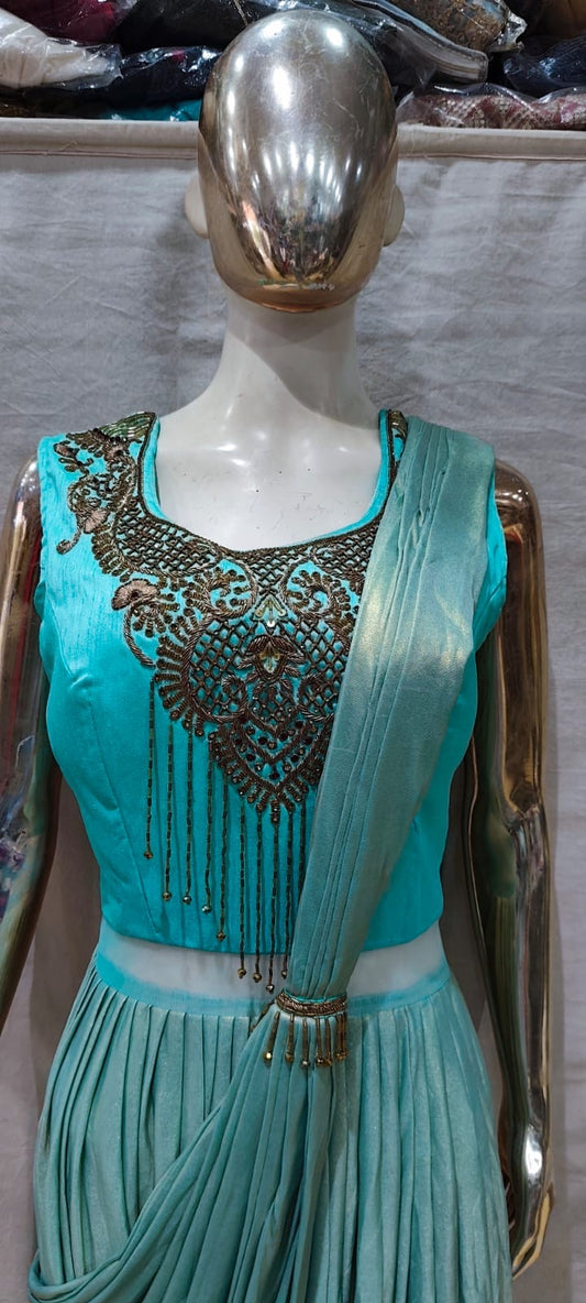 Designer Cyan blue saree gown