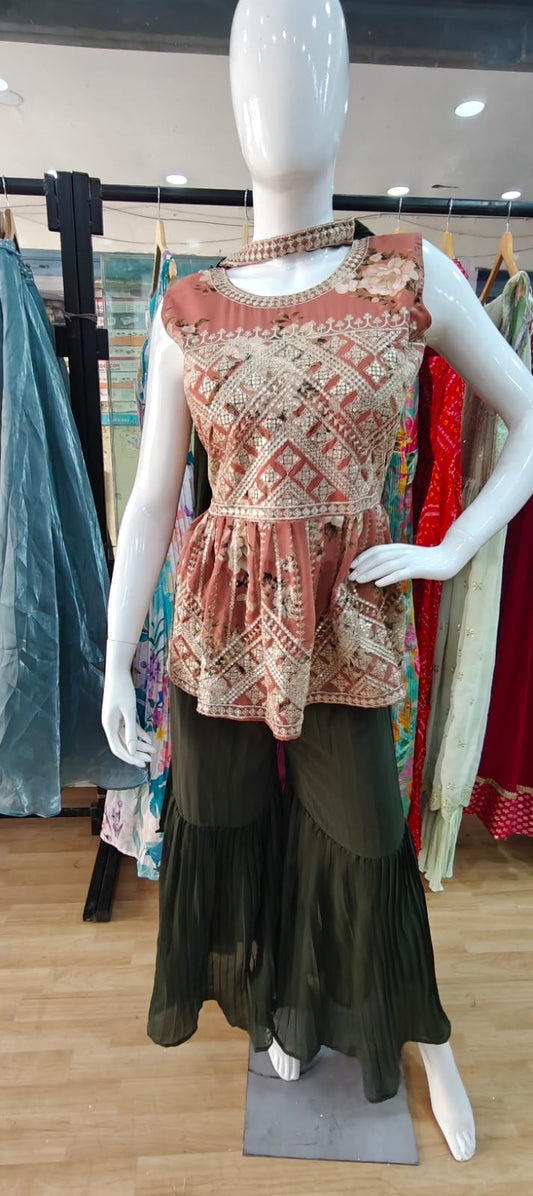 Burnt orange and green sharara set