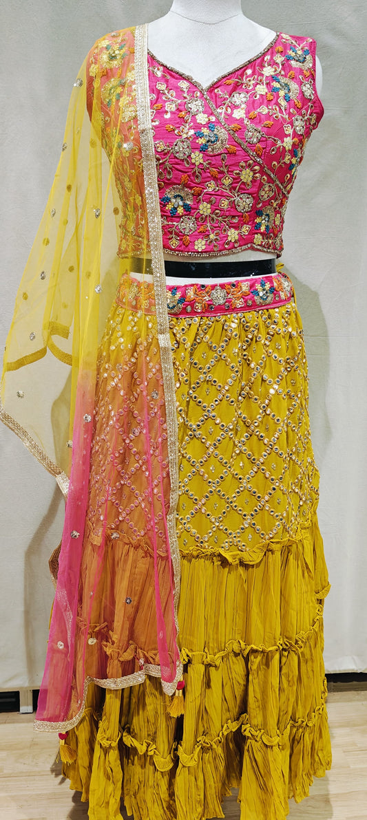 Pink blouse with yellow lehenga perfect ensemble