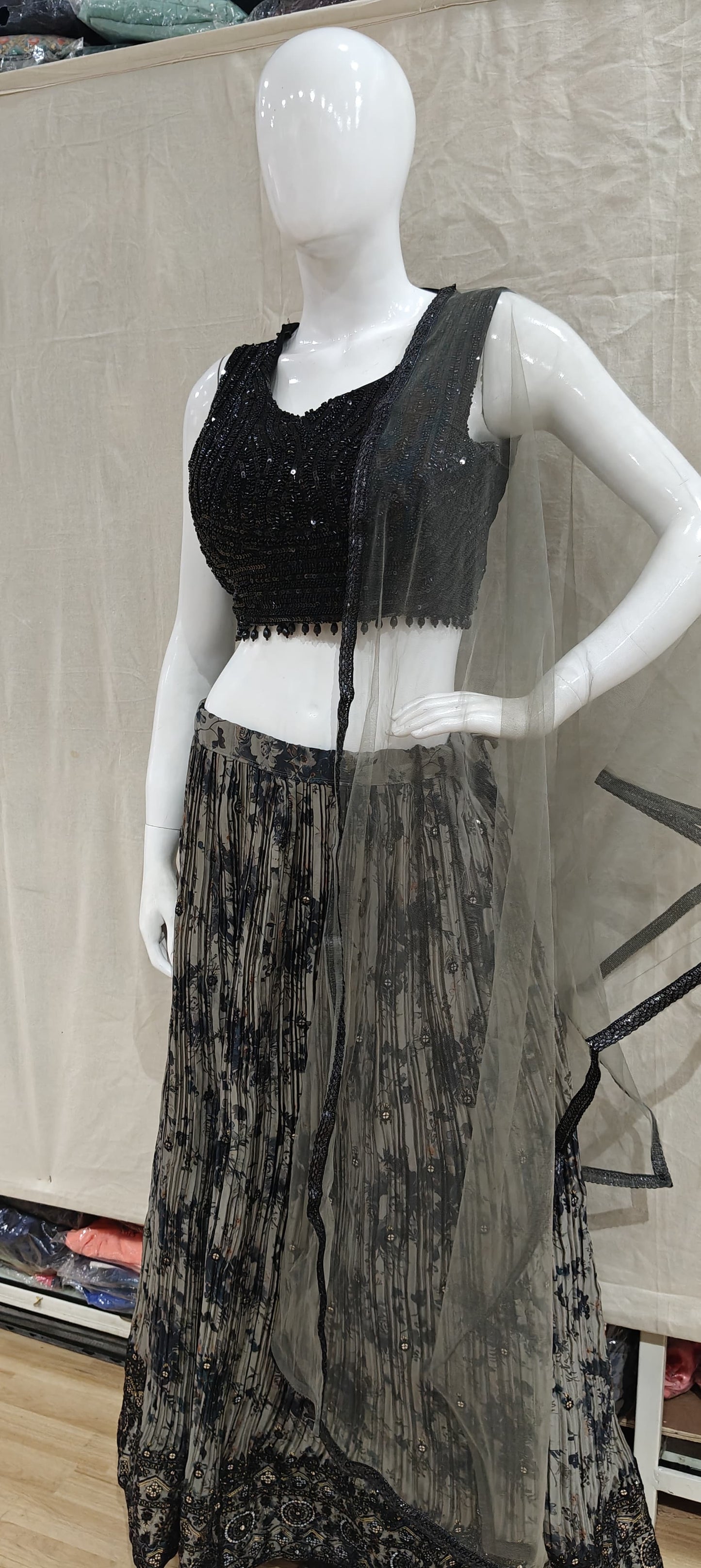 Black and grey lehenga with heavy beadwork blouse