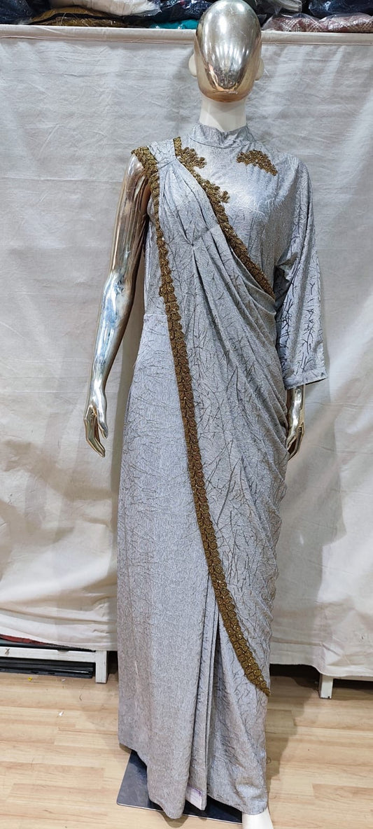 Grey and gold saree drape style Gown