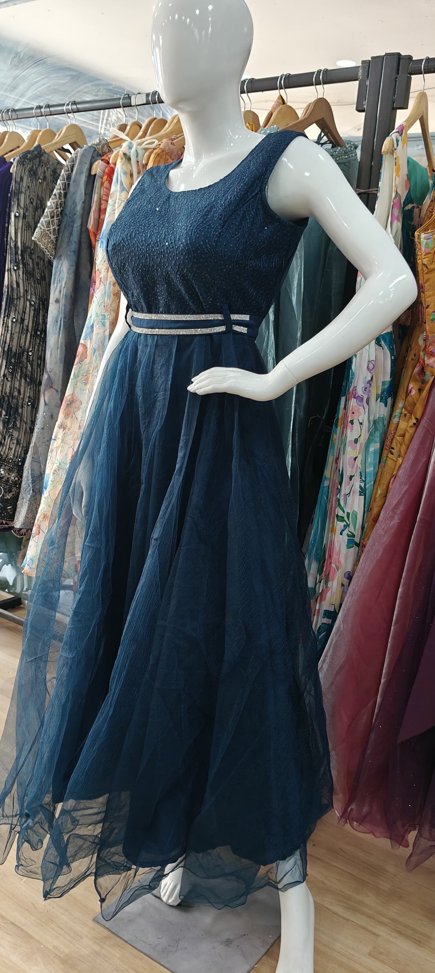 Blue net gown with stone studded belt