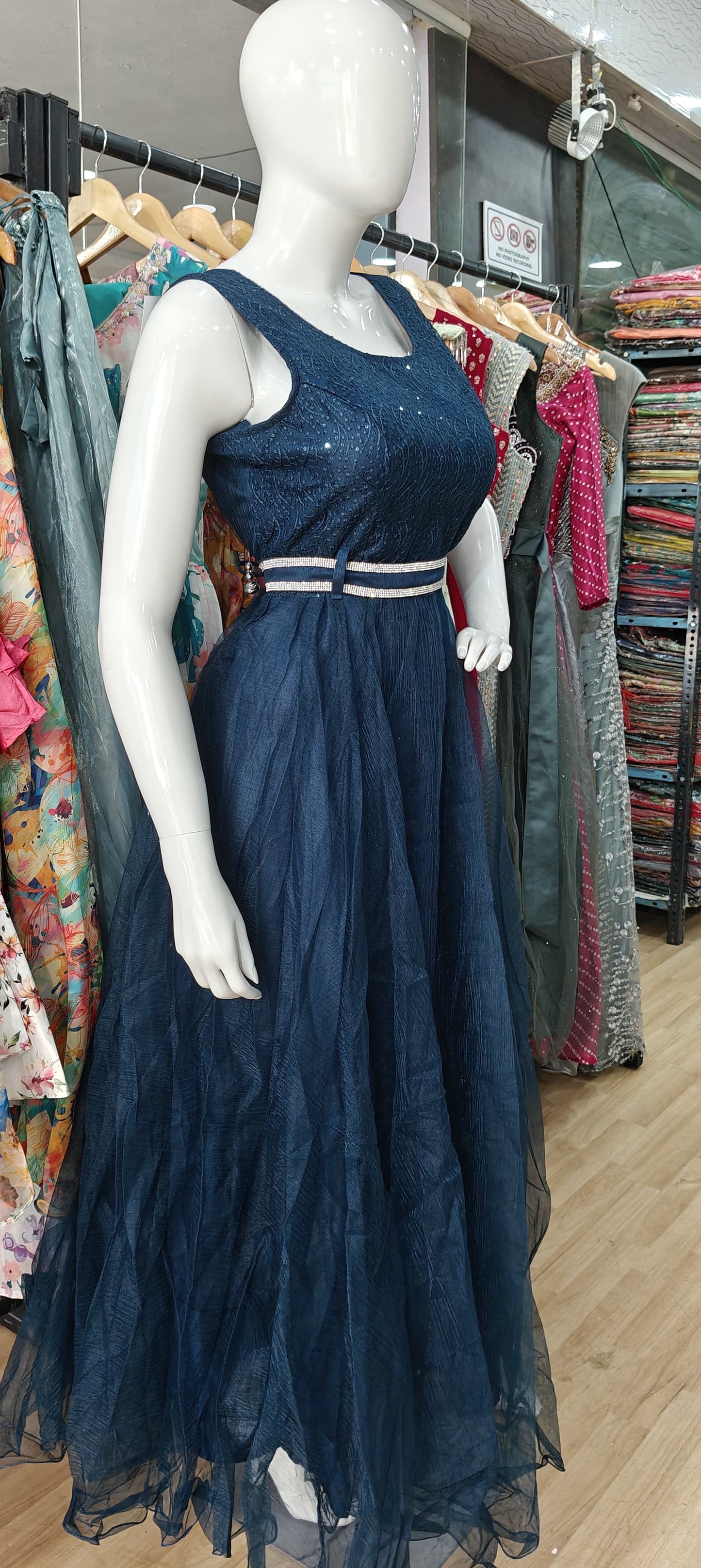 Blue net gown with stone studded belt