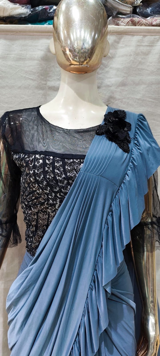 Pastel blue with designer black blouse one min saree