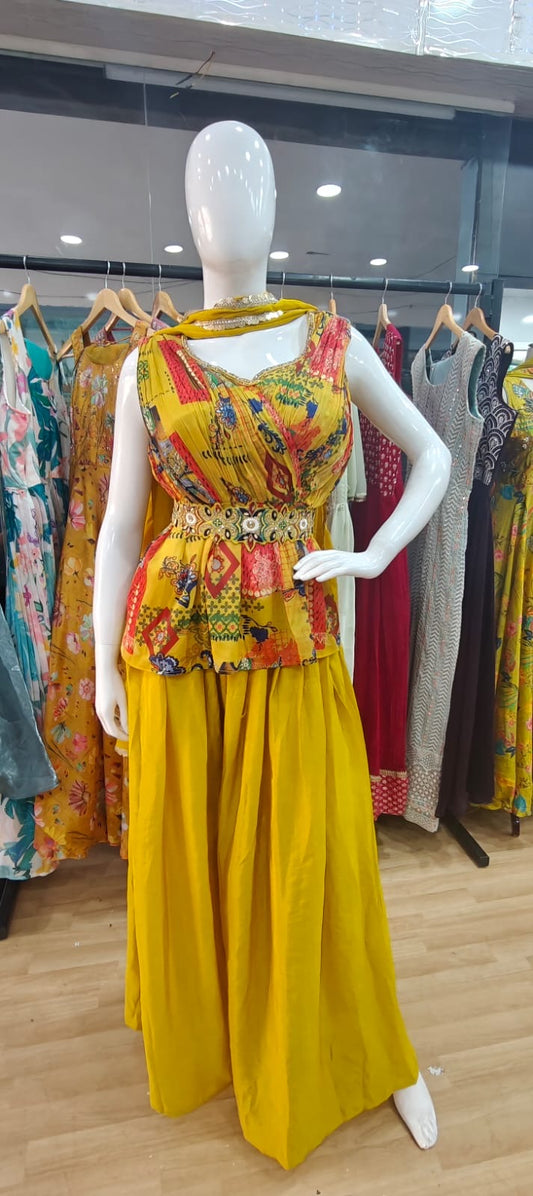 Designer yellow peplum set with belt