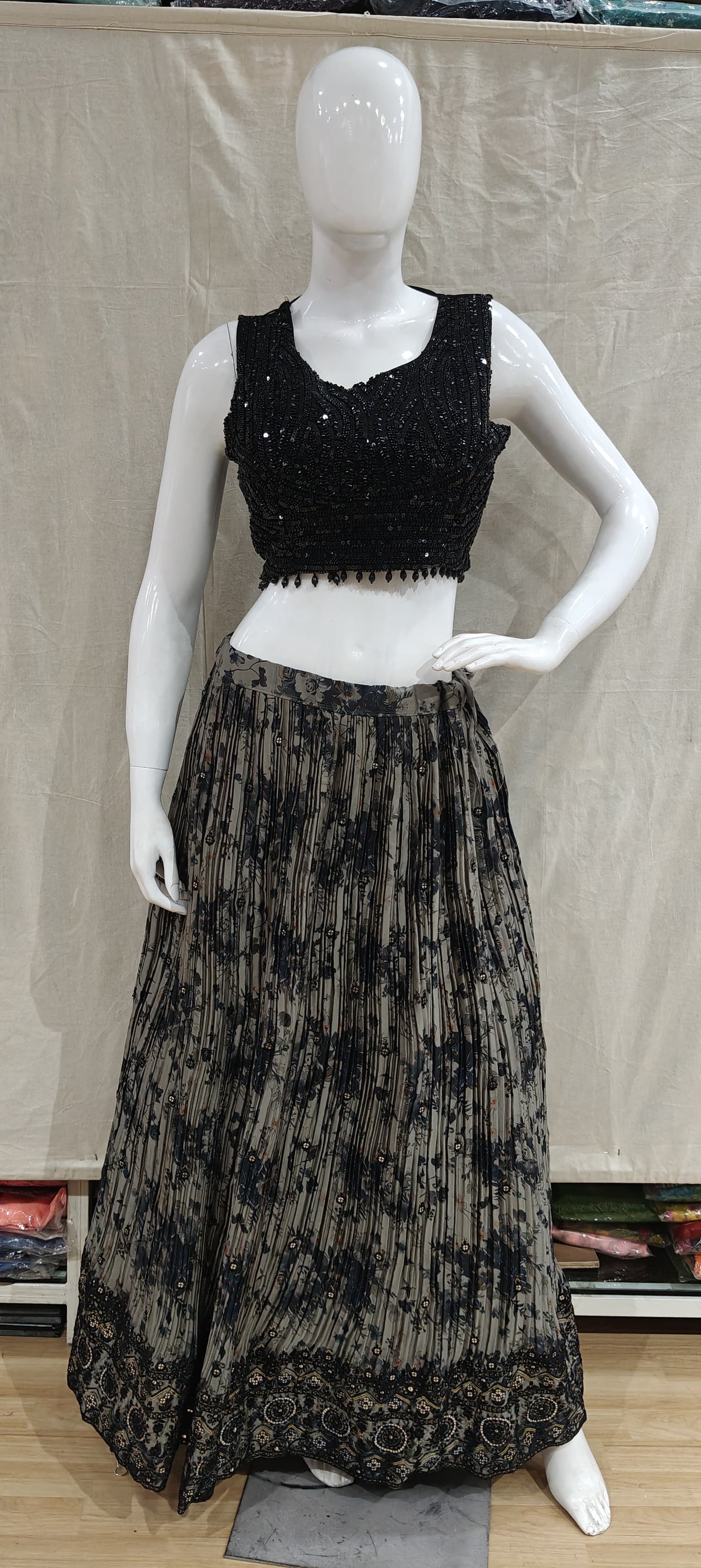 Black and grey lehenga with heavy beadwork blouse