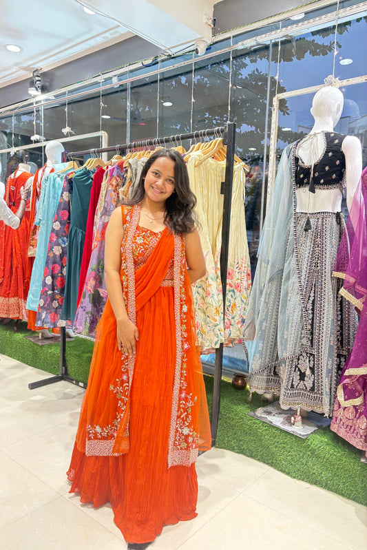 Orange saree drape lehenga with long jacket