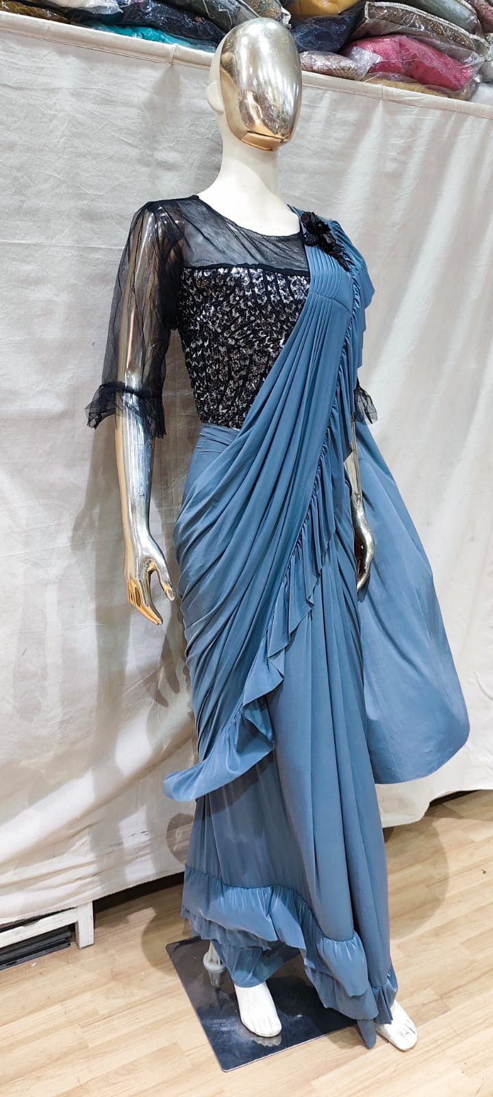 Pastel blue with designer black blouse one min saree