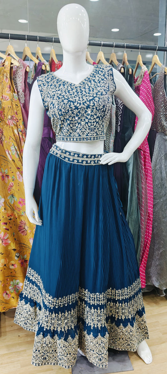 Georgette blue pleated lehenga set