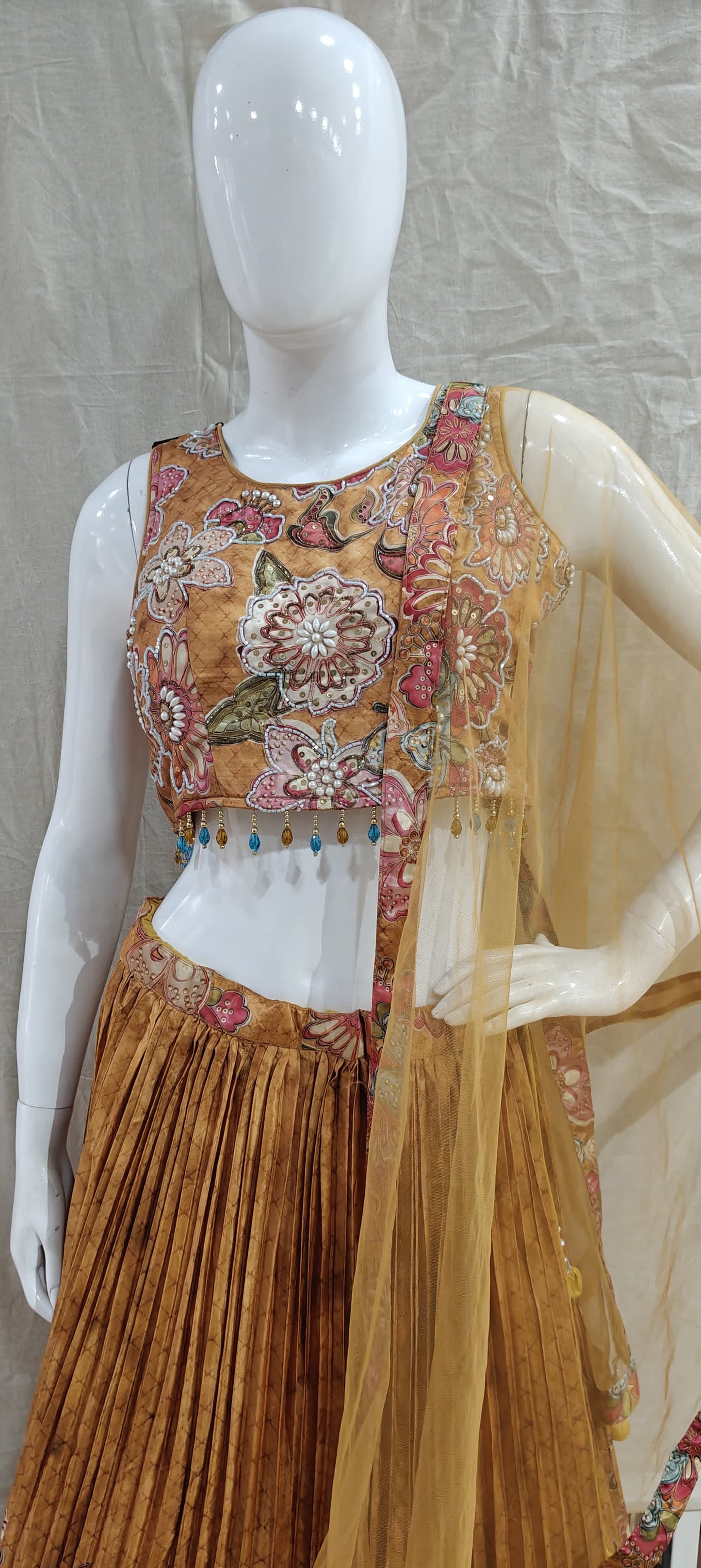 Yellow floral pleated lehenga
