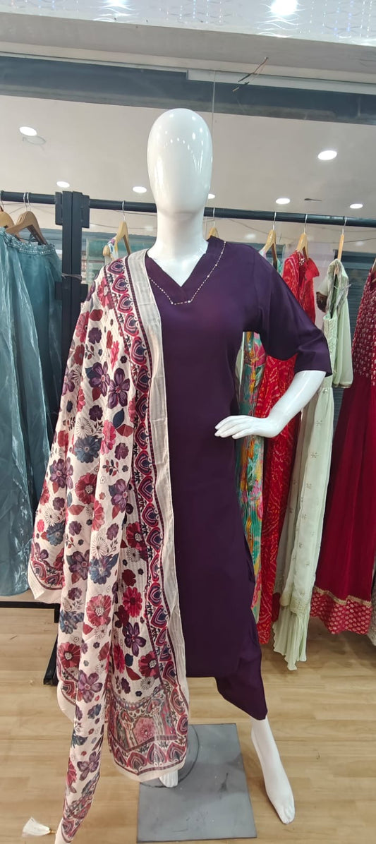 Wine mul cotton suit with printed dupatta