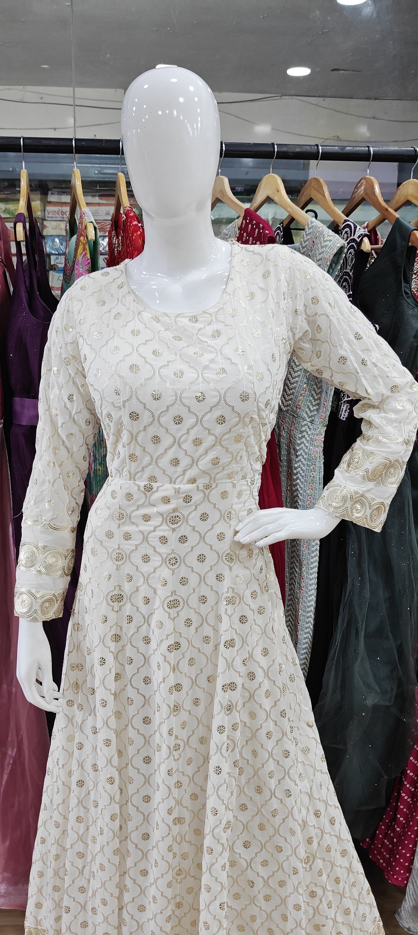 White and gold Anarkali long dress