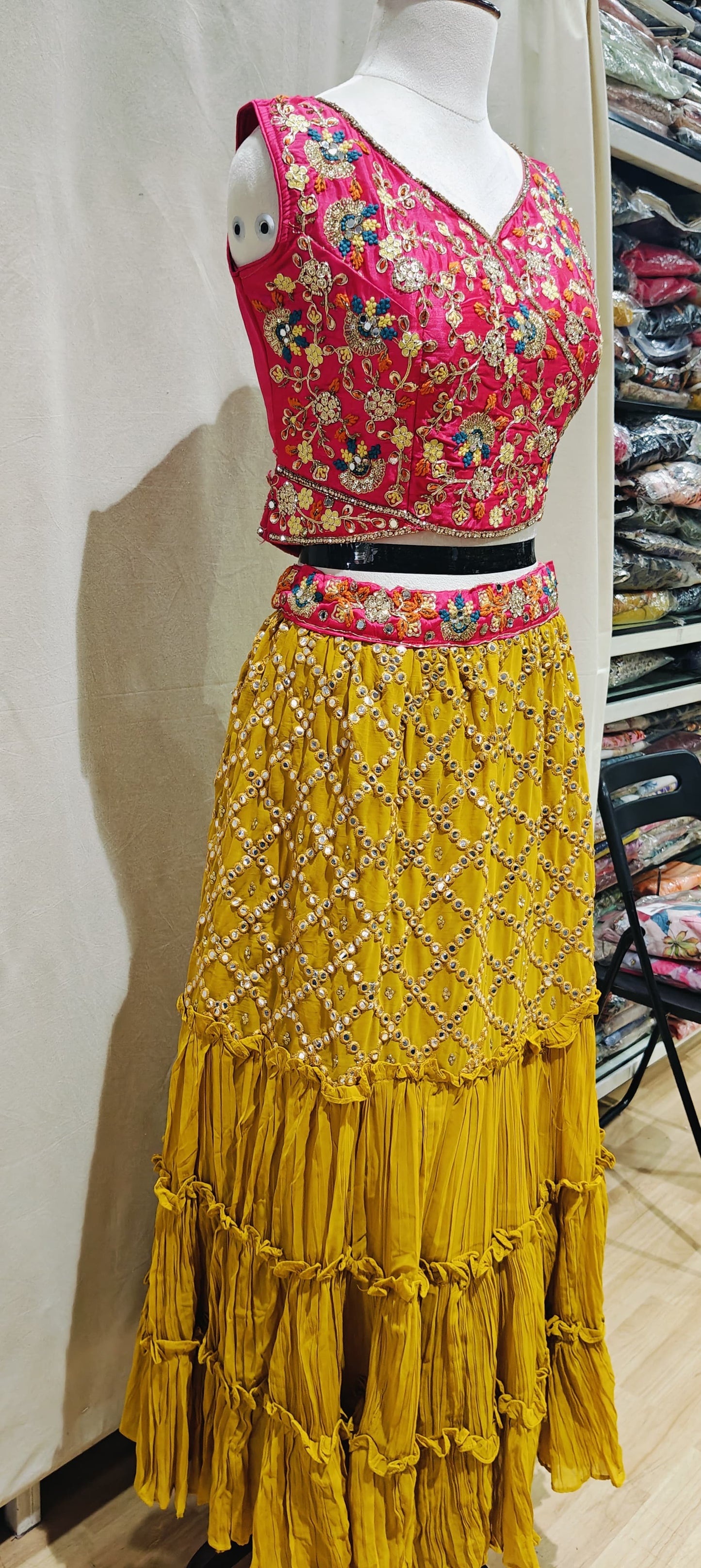 Pink blouse with yellow lehenga perfect ensemble
