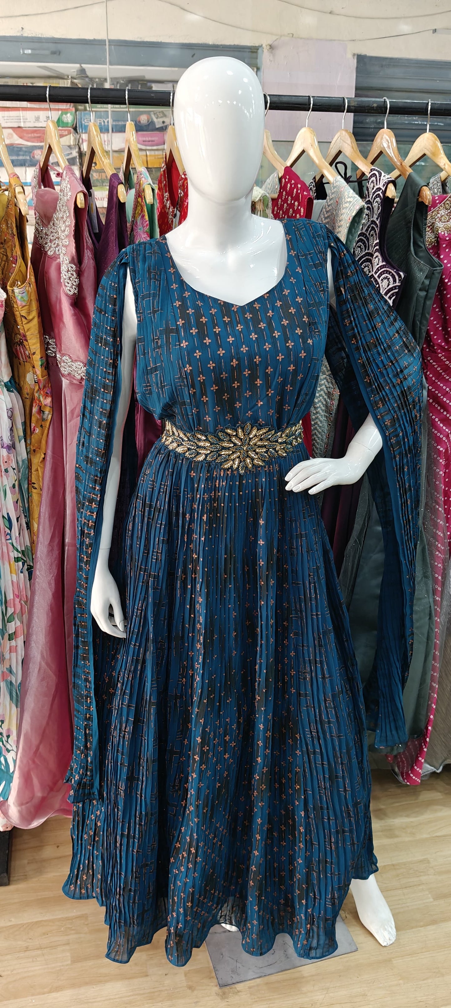 Designer Blue full sleeves gown with embellished belt
