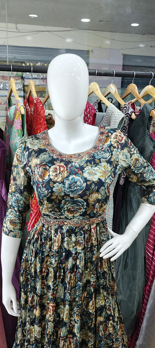 Blue floral long gown with embroidered belt