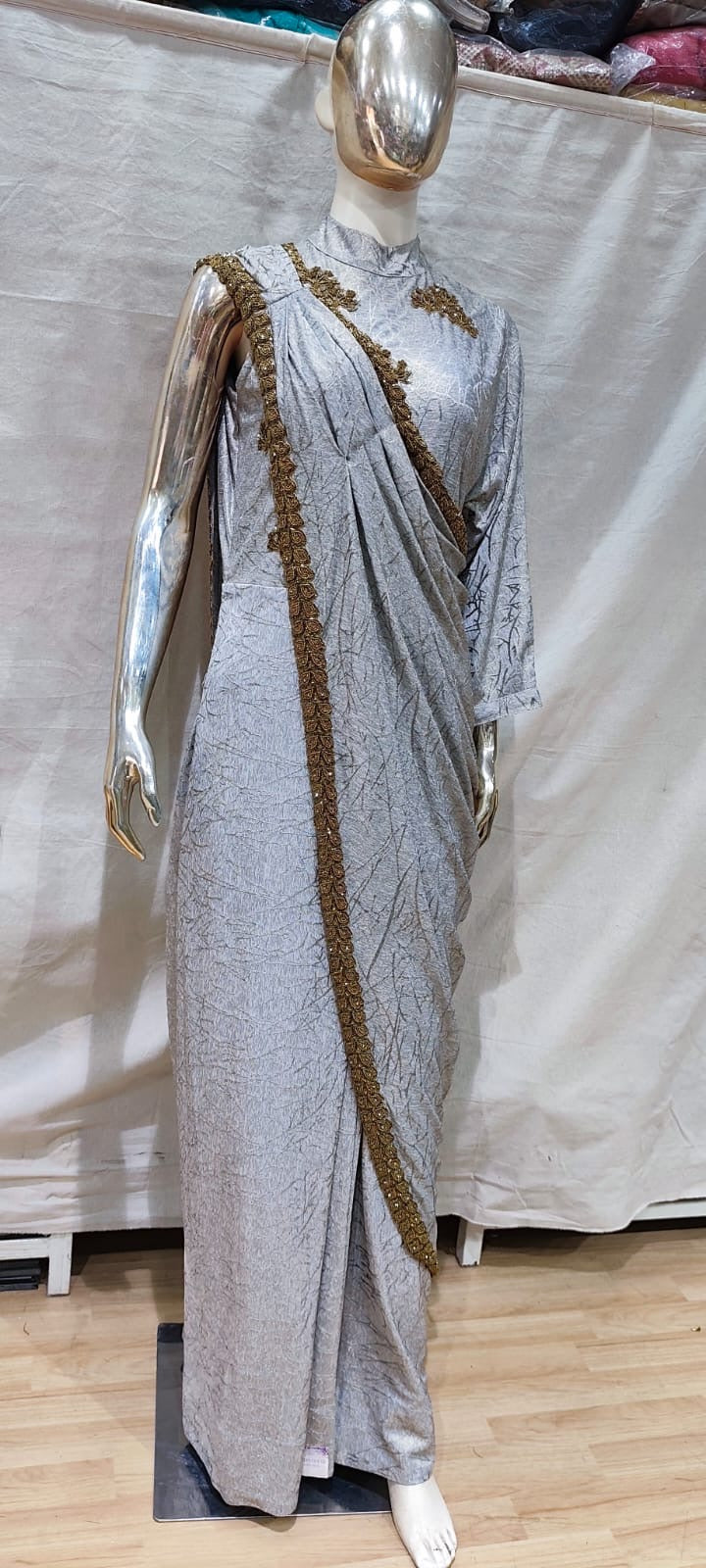 Grey and gold saree drape style Gown
