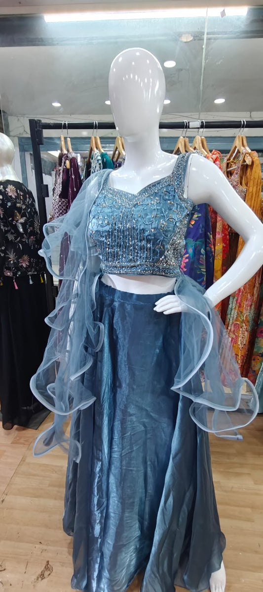 Glass organza blue lehenga