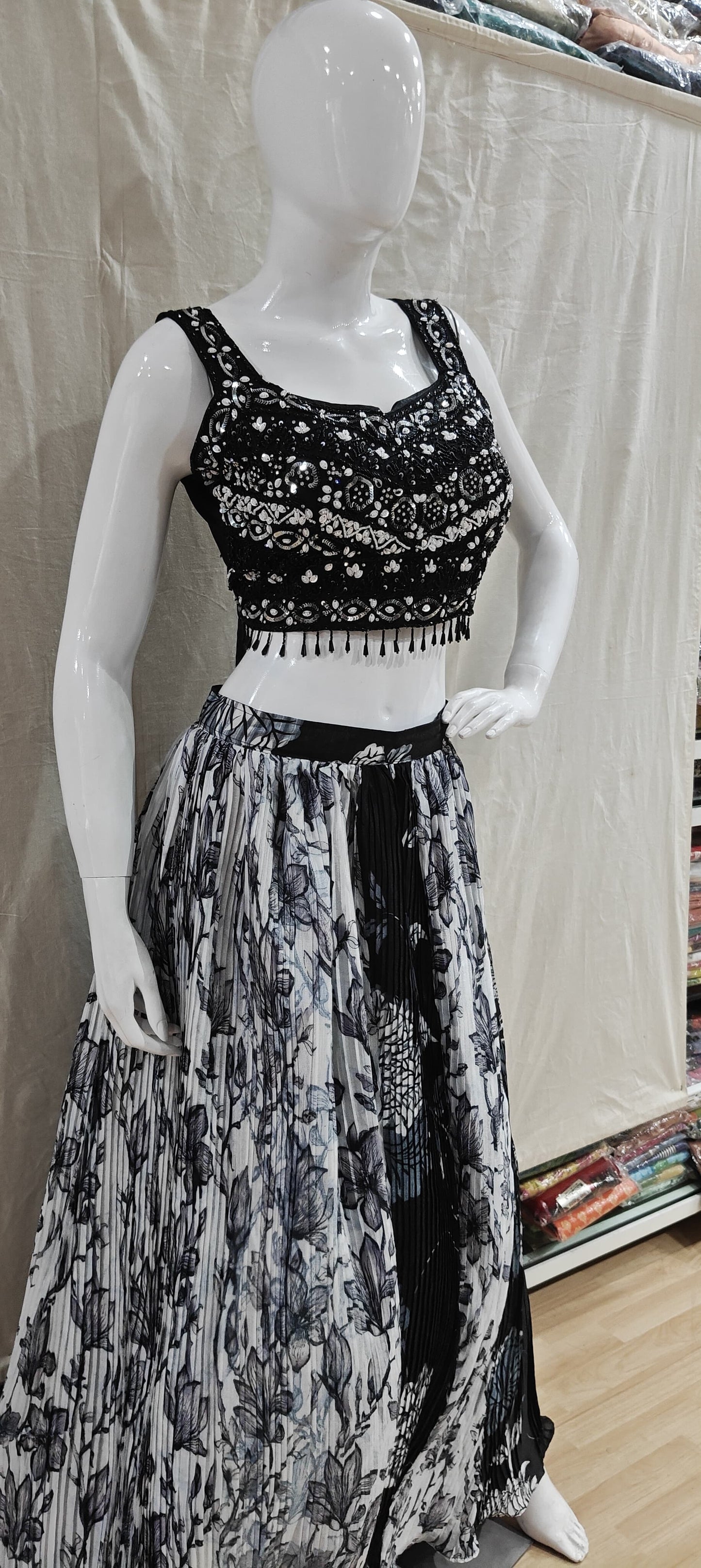 Black and white lehenga with ruffled dupatta