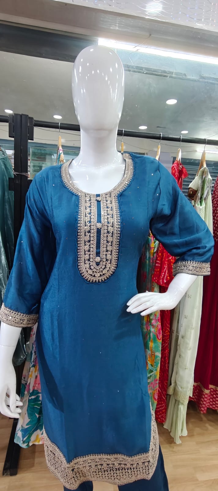 Peacock blue suit with embroidered dupatta