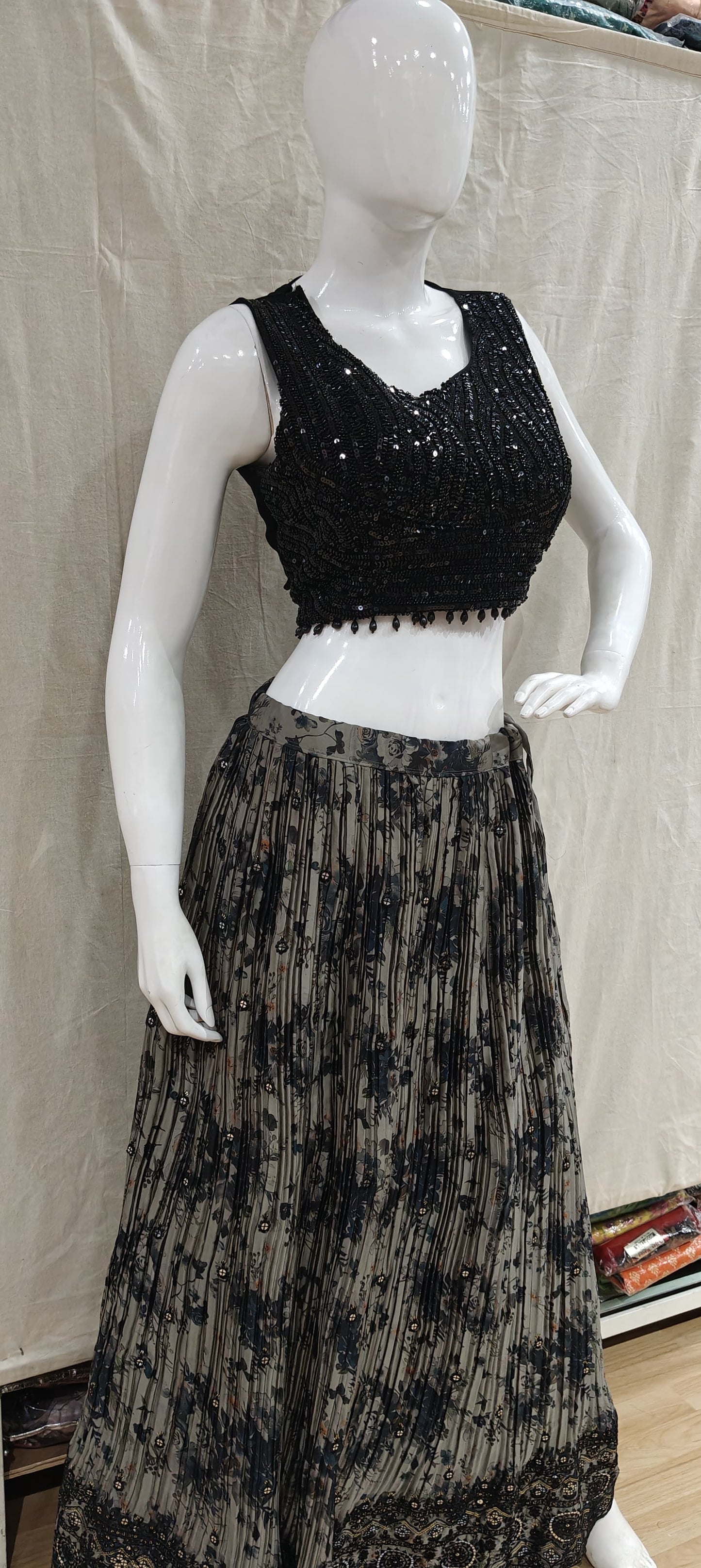 Black and grey lehenga with heavy beadwork blouse