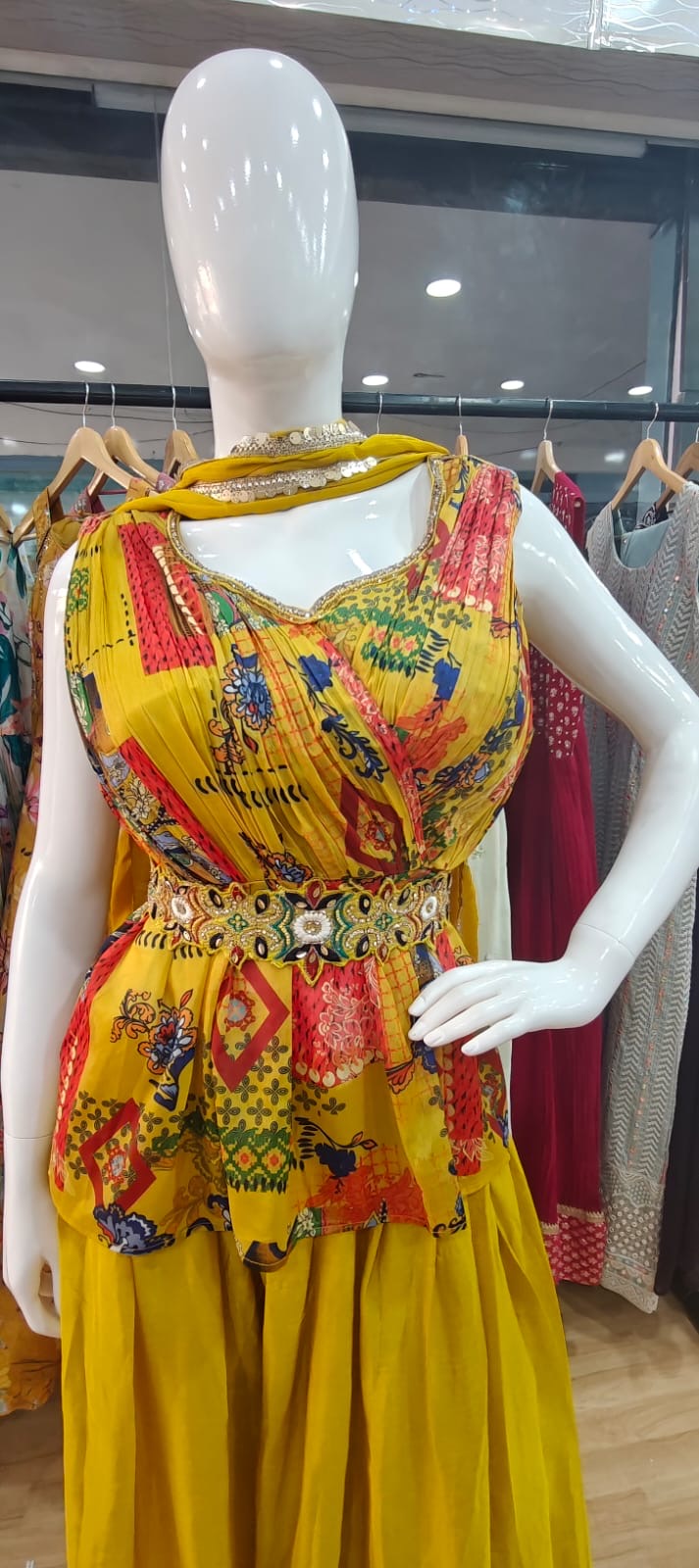 Designer yellow peplum set with belt