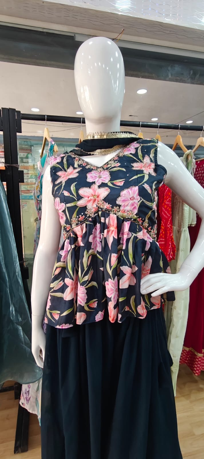 Black & pink floral peplum set