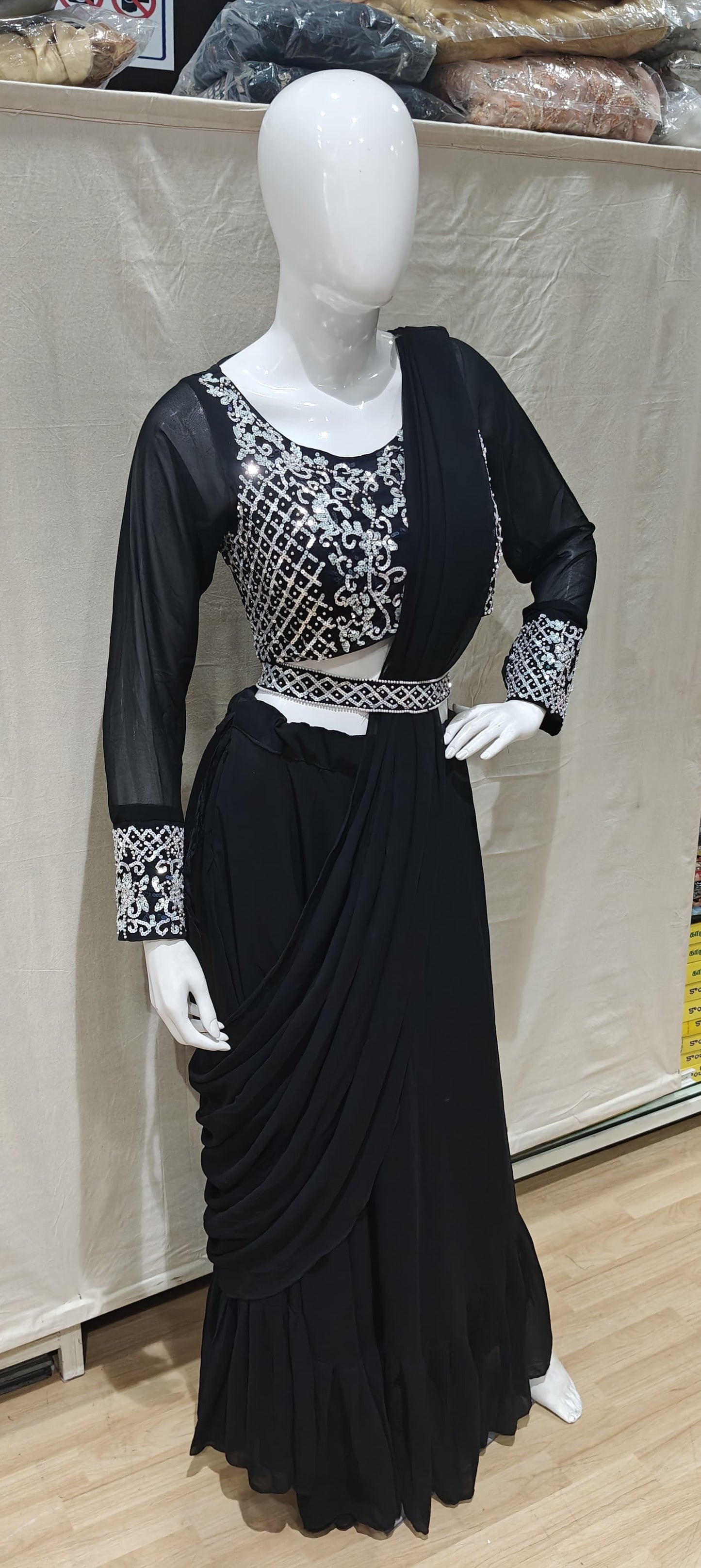 Black ready to wear saree with belt
