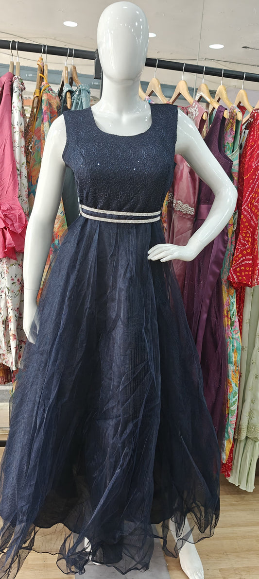Blue sequins net gown with stone stunned belt