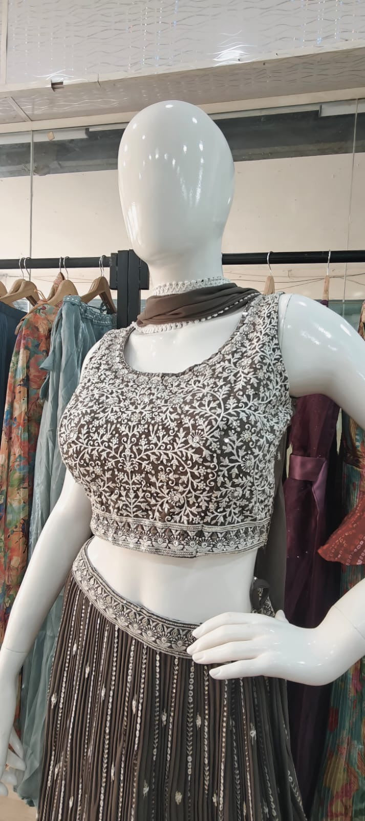 Georgette crush lehenga - chocolate brown