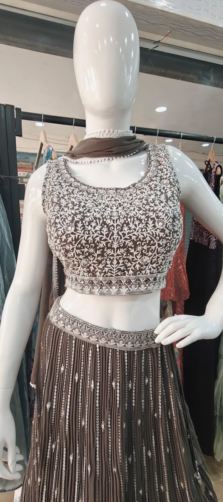 Georgette crush lehenga - chocolate brown