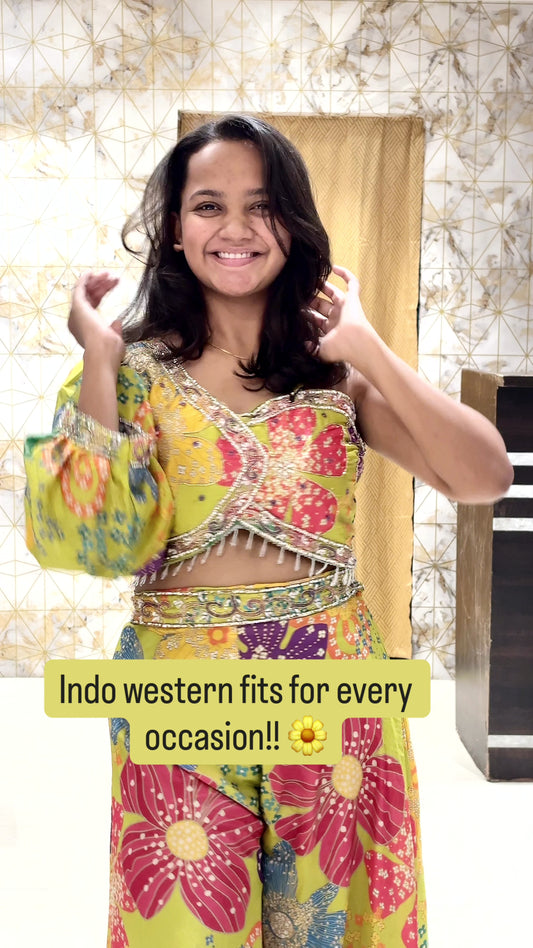 Gorgeous floral Indo western in cyan green