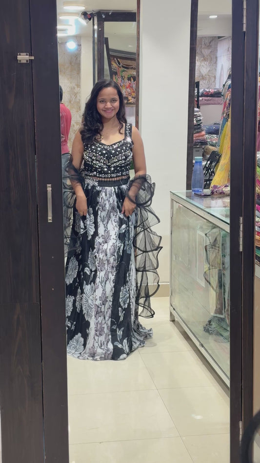 Black and white lehenga with ruffled dupatta